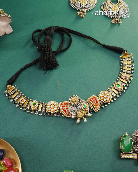 One of a kind statement wearable art pieces.An eclectic mix of elements, with a play of colours, textures, forms and workmanship. Crafted in Silver with two tones and kundan highlights and beautiful cultured pearls that makes this neckpiece so versatile and unique. Modern Heirloom pieces that can be worn across generations.