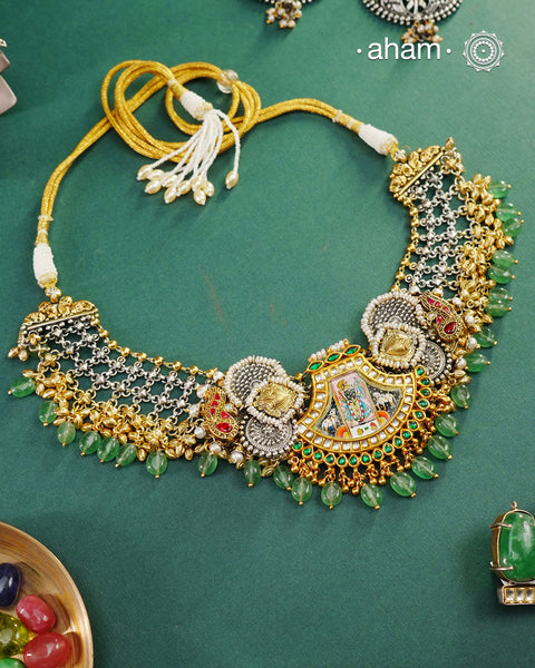 One of a kind statement wearable art pieces.An eclectic mix of elements, with a play of colours, textures, forms and workmanship. Crafted in Silver with two tones and kundan highlights and beautiful cultured pearls that makes this neckpiece so versatile and unique. Modern Heirloom pieces that can be worn across generations.