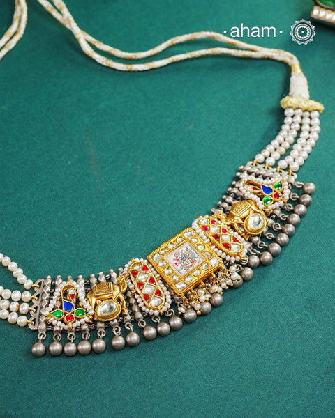 Handpainted Shreenathji Noori Two Tone Silver Choker