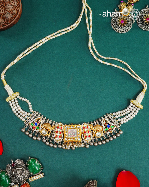 Handpainted Shreenathji Noori Two Tone Silver Choker