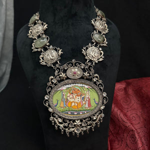 Hand Painted Ganesha Neckpiece crafted in silver with beautiful stone and kundan work.&nbsp;