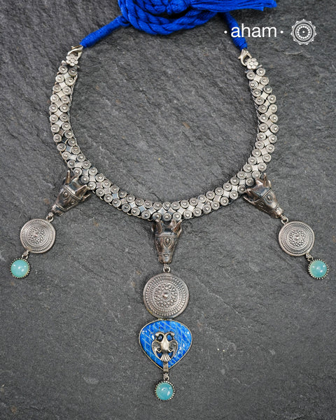 Flaunt this beautiful Ira neckpiece with an elegant nandi motif. Beautiful, handcrafted 92.5 sterling silver necklace with semi precious beads and kundan work floral motif. Looks great with both ethnic and western outfits.

Nandi&nbsp;which means “giving delight” or “giving joy,”&nbsp;is the sacred bull of god Shiva, one of the most important gods in the Hindu mythology.