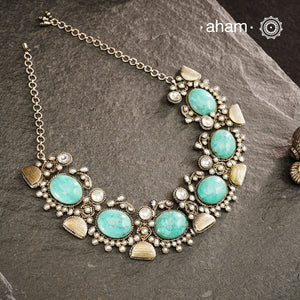 Flaunt beautiful Ira turquoise semi precious stone, neckpiece which can be worn as a short neckpiece or even a choker. Handcrafted in 92.5 sterling silver.