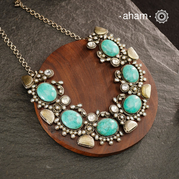 Flaunt beautiful Ira turquoise semi precious stone, neckpiece which can be worn as a short neckpiece or even a choker. Handcrafted in 92.5 sterling silver.