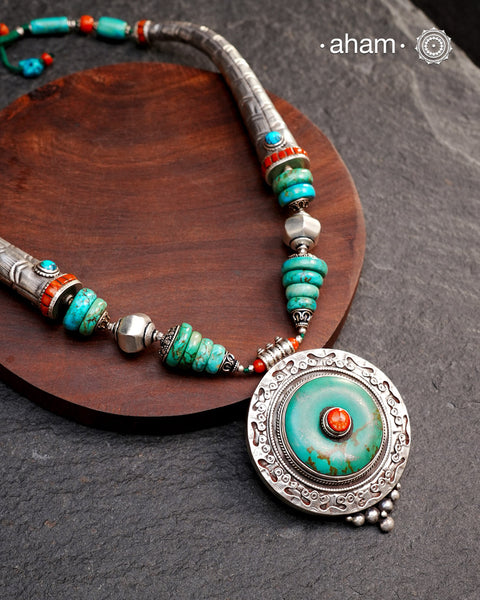 Tibetan Turquoise and Coral Silver Neckpiece