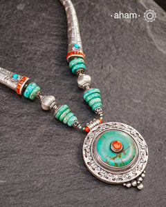 Tibetan Turquoise and Coral Silver Neckpiece
