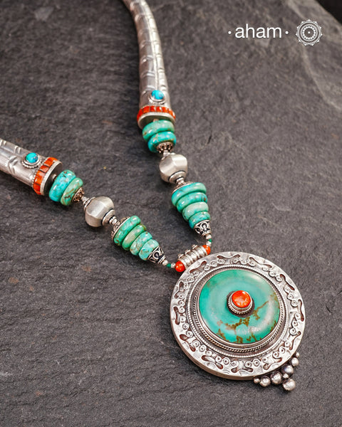Tibetan Turquoise and Coral Silver Neckpiece