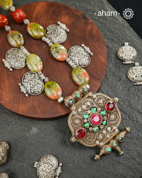 Ladakh Gau and Unakite Silver Neckpiece