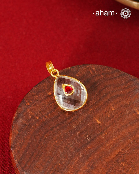 Clear quartz pendant with inlay work, Crafted in 92.5 silver with fine gold polish.