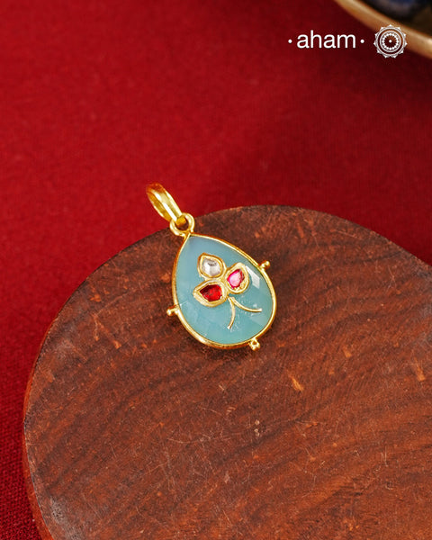Semi Precious stone pendant with inlay work, Crafted in 92.5 silver with fine gold polish.