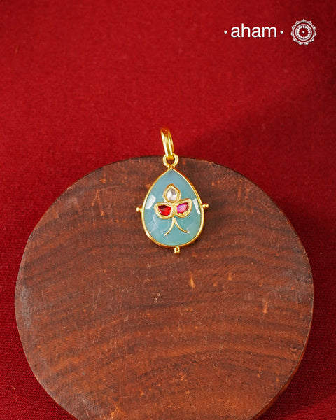 Semi Precious stone pendant with inlay work, Crafted in 92.5 silver with fine gold polish.