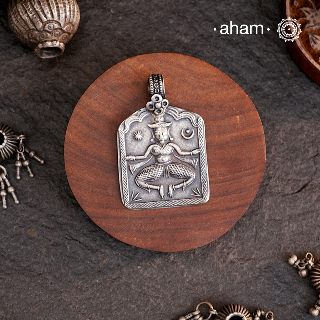 Tribal kali stamp sheet pendant in 92.5 silver.