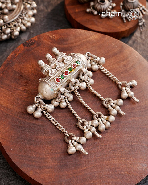 Beautiful handcrafted tribal silver amulet pendant with hanging Ghunroos. A piece from a bygone area, that bring back memories and stories of that time. Wear it with a long chain or with a black thread, or layer them to create a distinct look.