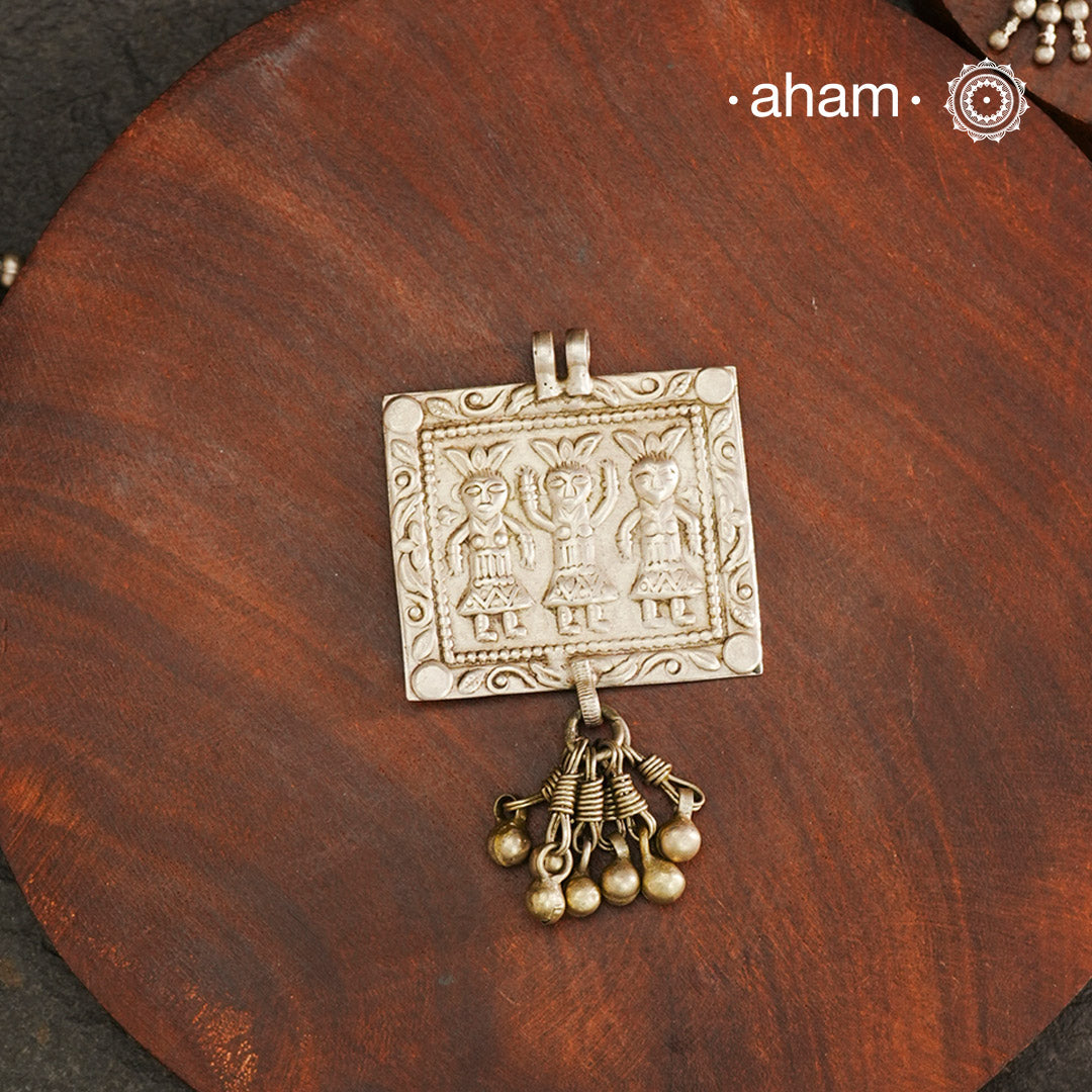Tribal Silver Ahoi Mata Pendant, a Beautifully handcrafted tribal silver amulet pendant from a bygone area, that bring back memories and stories of that time. Wear it with a long chain or with a black thread, or layer them to create a distinct look. This Amulet reflects a beautiful blend of faith and craftsmanship — a perfect representation of heritage jewellery.