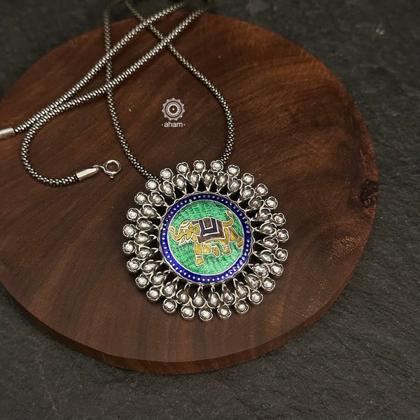 Handcrafted pendant with vibrant Meenakari work. Crafted in 92.5 sterling silver.
Please note that the chain is not included with the pendant.