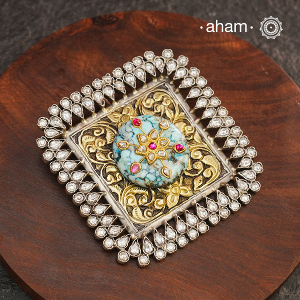 Handmade ira stone pendant with Mughal Inspired intricate floral inlay work in semi precious stone setting, classic chitai work and zircon stone setting. Wear it long or short with a chain of your choice, or add some beads to it. A piece so timeless that it can we worn across generations. Please note, each piece created in this series is unique and one of a kind.
(Does not include chain)