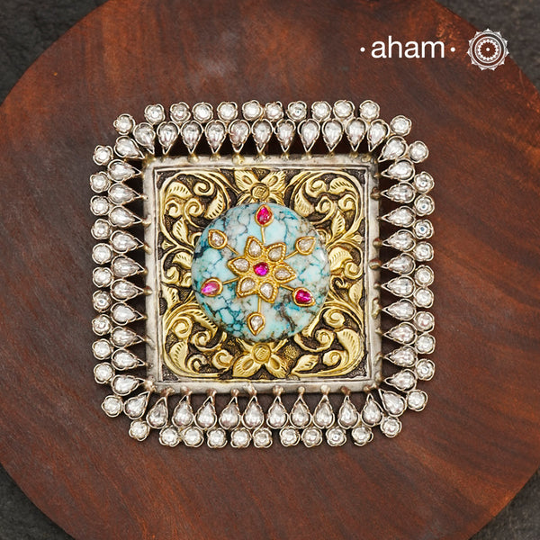 Handmade ira stone pendant with Mughal Inspired intricate floral inlay work in semi precious stone setting, classic chitai work and zircon stone setting. Wear it long or short with a chain of your choice, or add some beads to it. A piece so timeless that it can we worn across generations. Please note, each piece created in this series is unique and one of a kind.
(Does not include chain)