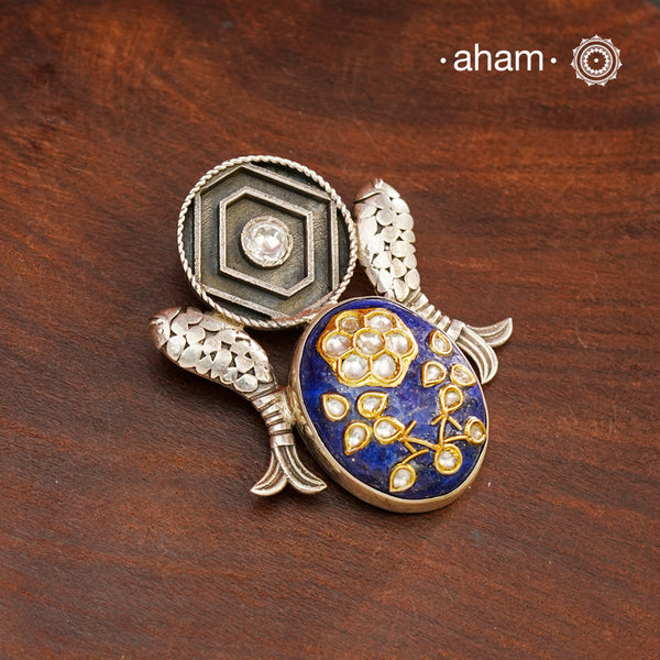Handmade Ira stone pendant with Mughal Inspired intricate floral inlay work in semi precious stone setting, encased in silver. Wear it long or short with a chain of your choice, or a smart silver Hasli. A piece so timeless that it can we worn across generations. Please note, each piece created in this series is unique and one of a kind.
(Does not include chain)