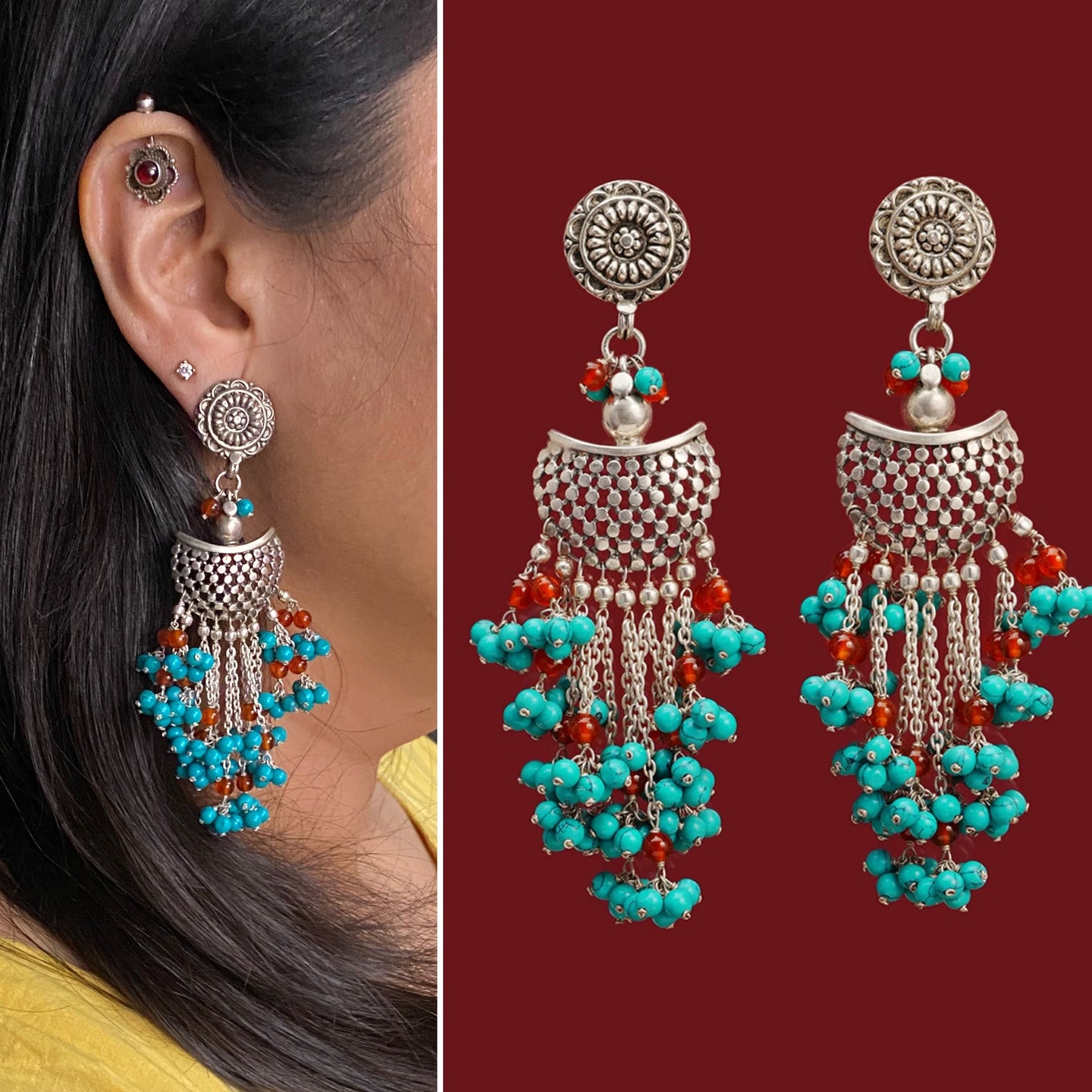 Expertly handcrafted with 92.5 silver, these Ira Turquoise Silver Earrings feature stunning beaded turquoise and delicate coral accents. Make a statement with this unique, fun piece that will elevate any outfit. Perfect for those who appreciate artisanal craftsmanship and bold accessorizing.