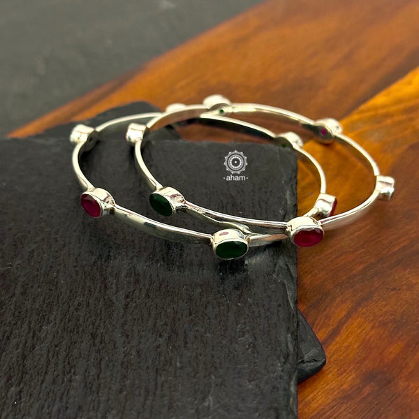 Handcrafted Summer Love bangles in 92.5 sterling silver with coloured stone highlights. Perfect everyday wear you can stack them or wear them alone.  Comes in a pair (2 bangles)