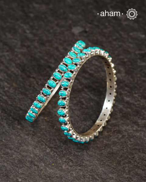 Handcrafted Summer Love bangles in 92.5 sterling silver with turquoise coloured stone highlights. Perfect everyday wear that you can stack them or wear them alone.