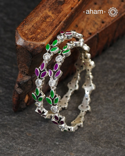 Handcrafted Summer Love bangles in 92.5 sterling silver with kundan highlights. Perfect pieces to stack them or wear them alone.