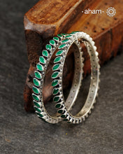 Handcrafted Summer Love bangles in 92.5 sterling silver with green stones. These go great with Indian Clothes.