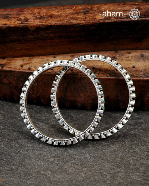 Handcrafted Summer Love bangles in 92.5 sterling silver with green stones. These go great with Indian Clothes.