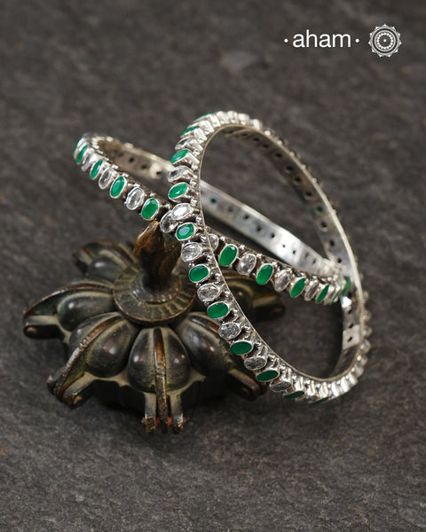 Handcrafted Summer Love bangles in 92.5 sterling silver with kundan stone highlights. Perfect pieces stack them or wear them alone. Goes great with Indian wear.
