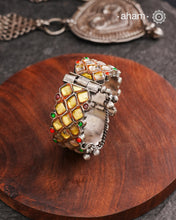 Handcrafted vintage silver kada with yellow glass stones and green and red highlights A beautiful unique piece this is. Price is for one piece only.