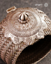 Vintage Rigid Silver armlet with weave work and flower pattern on top. Statement vintage silver kada with intricate floral work, handcrafted by skilful artisans. Beautiful piece from a bygone era, that bring back memories and stories of that time.