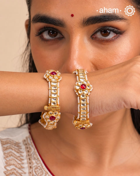 Gold Polish Kundan Silver Kada (Size: 2.4, Openable) - Pair