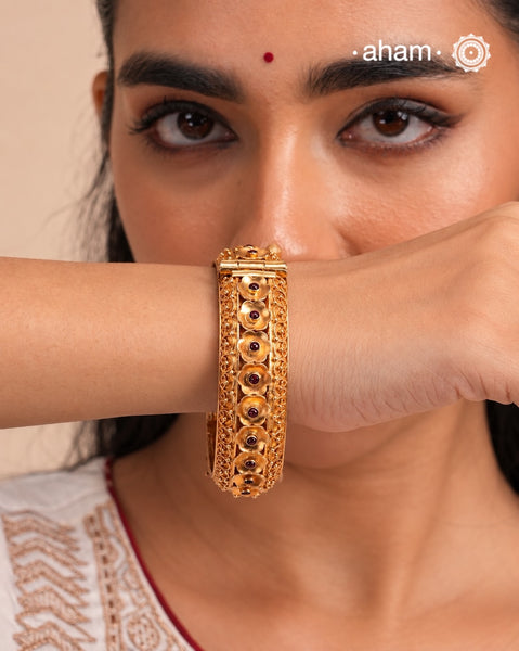 Intricate Gold Polish Silver Hand Kada (Size 2.5, Openable)