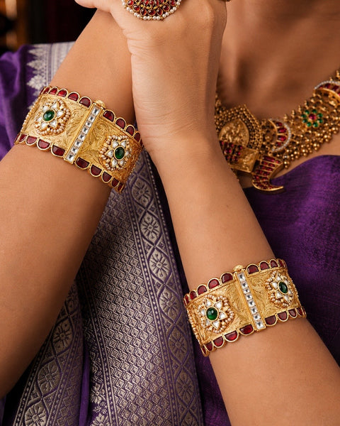 Kundan Gold Polish Silver Kada (Size: 2.3, Openable)