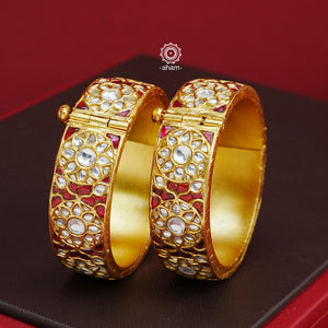 Kundan Gold Polish Silver Kada (Size: 2.4, Openable)