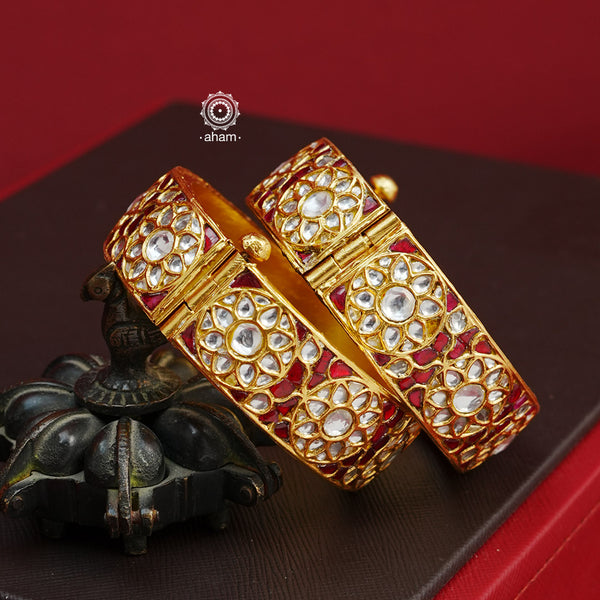 Kundan Gold Polish Silver Kada (Size: 2.4, Openable)