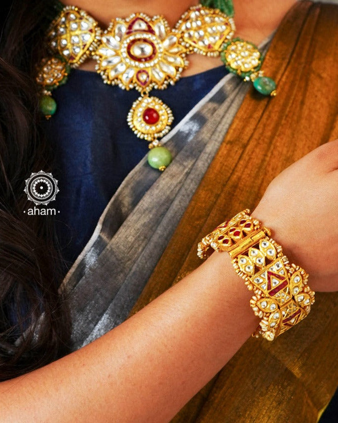 Kundan Gold Polish Silver Kada (Size: Openable) – aham