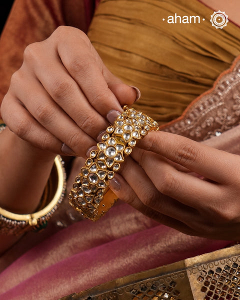 Kundan Gold Polish Silver Kada (Size: 2.6, Openable)