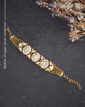 Embrace the allure of timeless elegance with Aham Jewellery’s latest Mother of Pearl collection, a radiant choice for festive celebrations and weddings.

The bracelet is crafted in 92.5 silver and adorned with a luxurious gold polish, capturing the iridescent beauty of mother of pearl.