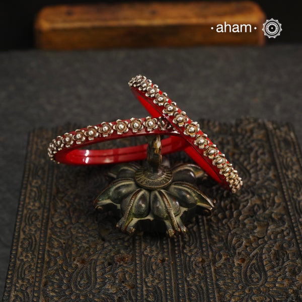 Tribal Red Rose Silver Bangles (Size:2.5,2.6,2.8)