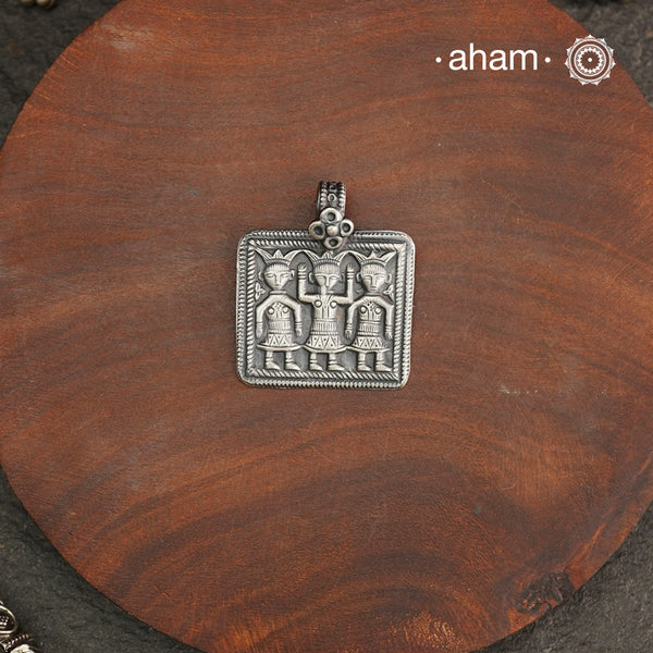 Discover the charm of traditional craftsmanship with our Handmade Ahoi Mata 92.5 Sterling Silver Pendant.Expertly crafted using the thapi (stamp die) technique, this pendant reflects the age-old artistry of India’s tribal communities. Known by various names like Kavach, Mandaliya, Patri, and Kathla, amulet pendants have long been cherished as symbols of passive worship—a way to keep your deity, Kuldevta, or Kuldevi close to your heart. Traditionally worn on a cord or silver chain, this striking amulet is mo