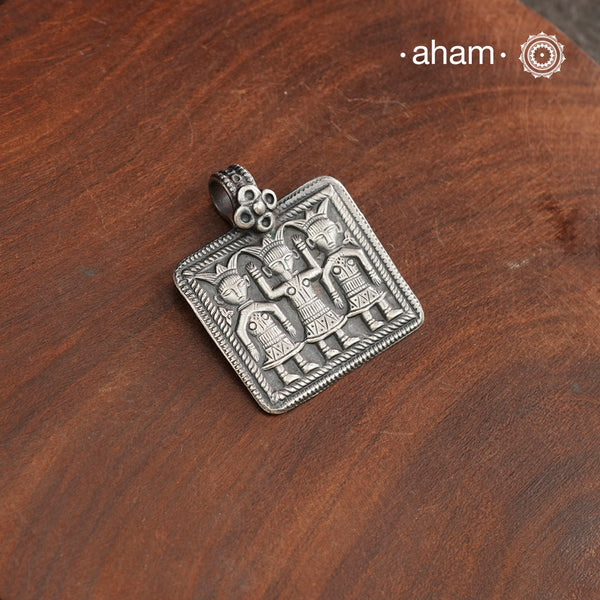 Discover the charm of traditional craftsmanship with our Handmade Ahoi Mata 92.5 Sterling Silver Pendant.Expertly crafted using the thapi (stamp die) technique, this pendant reflects the age-old artistry of India’s tribal communities. Known by various names like Kavach, Mandaliya, Patri, and Kathla, amulet pendants have long been cherished as symbols of passive worship—a way to keep your deity, Kuldevta, or Kuldevi close to your heart. Traditionally worn on a cord or silver chain, this striking amulet is mo