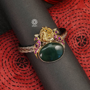 Noori Two Tone Green Silver Hand Cuff (Open Cuff)