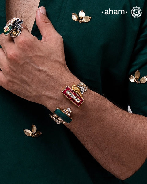 Noori Two Tone Green & Pink Silver Cuff (Open Cuff)