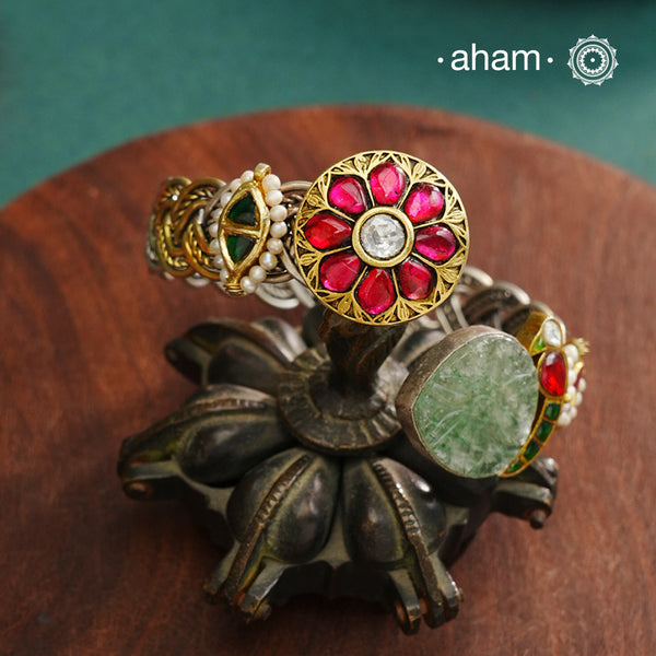 Noori hand cuff with a play of colours, textures, forms and workmanship. Crafted in 92.5 Sterling Silver with two tones that make them so versatile and unique.