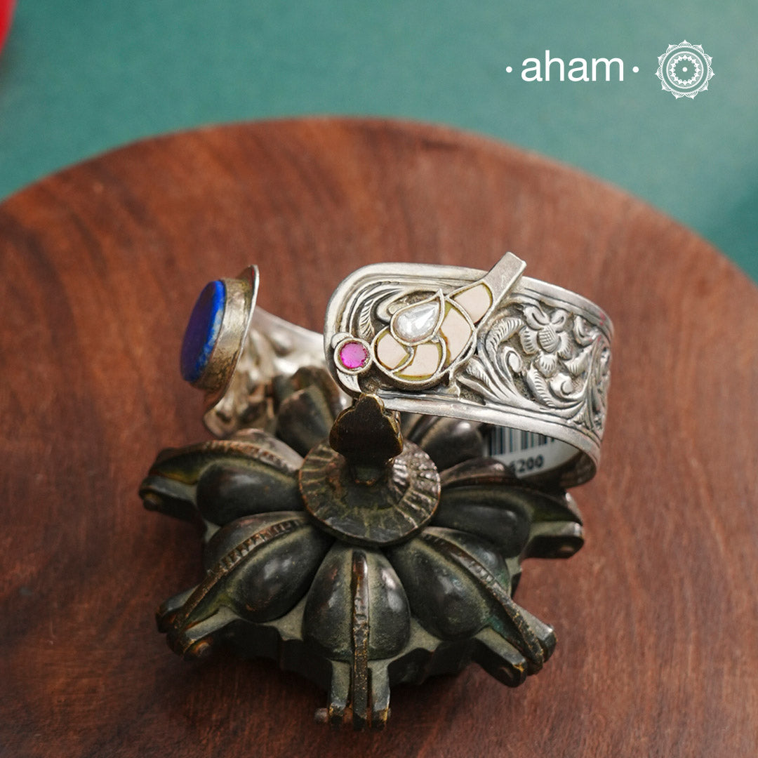 Handcrafted Ira 92.5 sterling silver kada with Lapiz highlights and Chitai work all over Minimal modern pieces that are great for stacking.