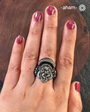 The most intricate Nakshi silver ring depicting Lord Krishna dancing on the serpent with yali figure on each side. Crafted in 92.5 silver.&nbsp;