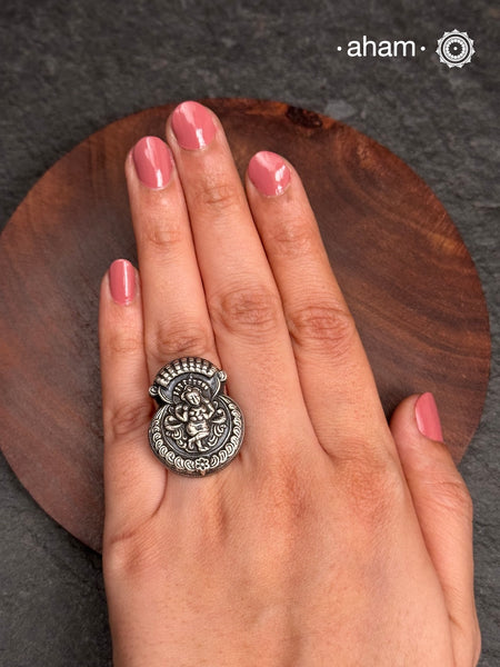 Handcrafted adjustable Krishna ring in 92.5 sterling silver.
