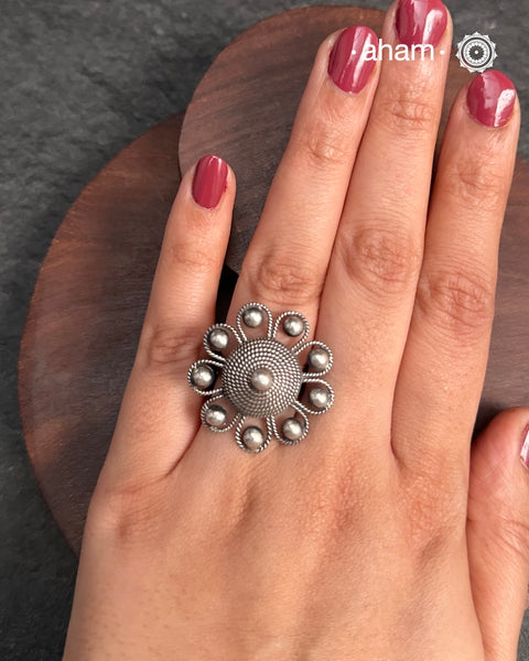Handcrafted Mewad adjustable ring in 92.5 sterling silver.