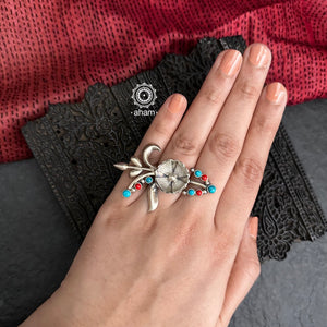 Turquoise Coral Flower Silver Ring